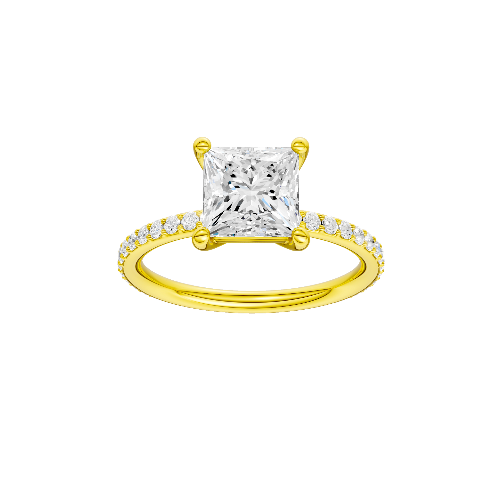Princess-cut diamond engagement ring with a prong-set diamond band and solitaire setting.