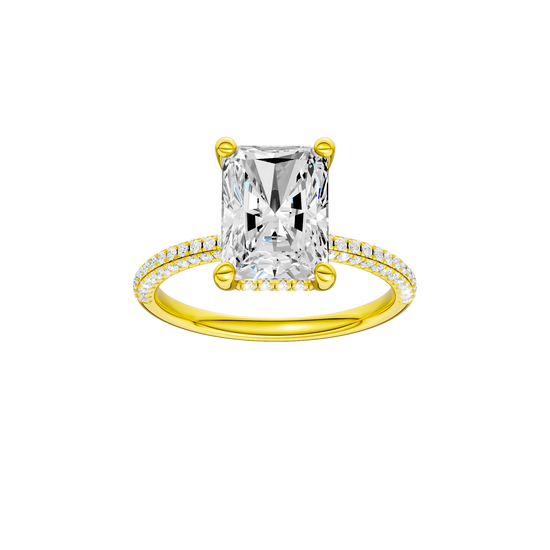 Radiant-cut diamond engagement ring with a pavé-set diamond band and hidden-halo setting.