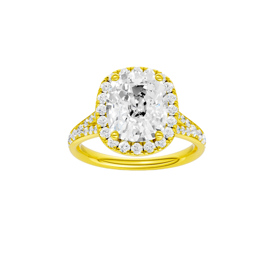 Elongated cushion-cut diamond engagement ring with a channel-set diamond band and halo setting.