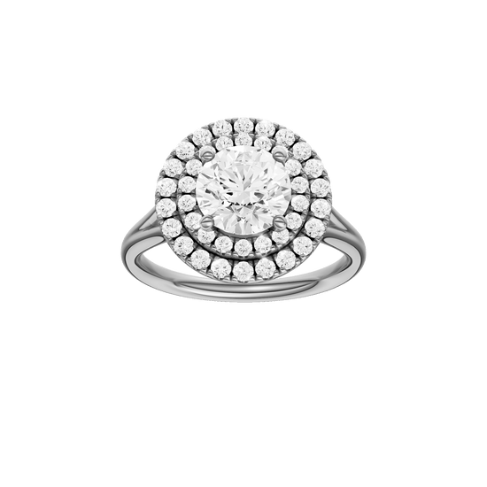 Round-cut diamond engagement ring with a plain band and double-halo setting.