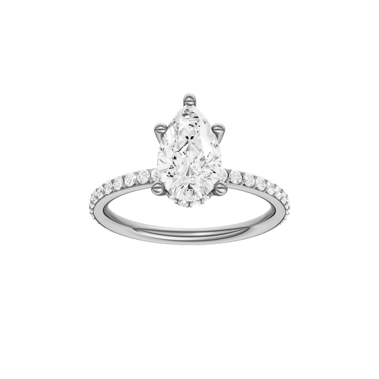 Pear-cut diamond engagement ring with a prong-set diamond band and hidden-halo setting.