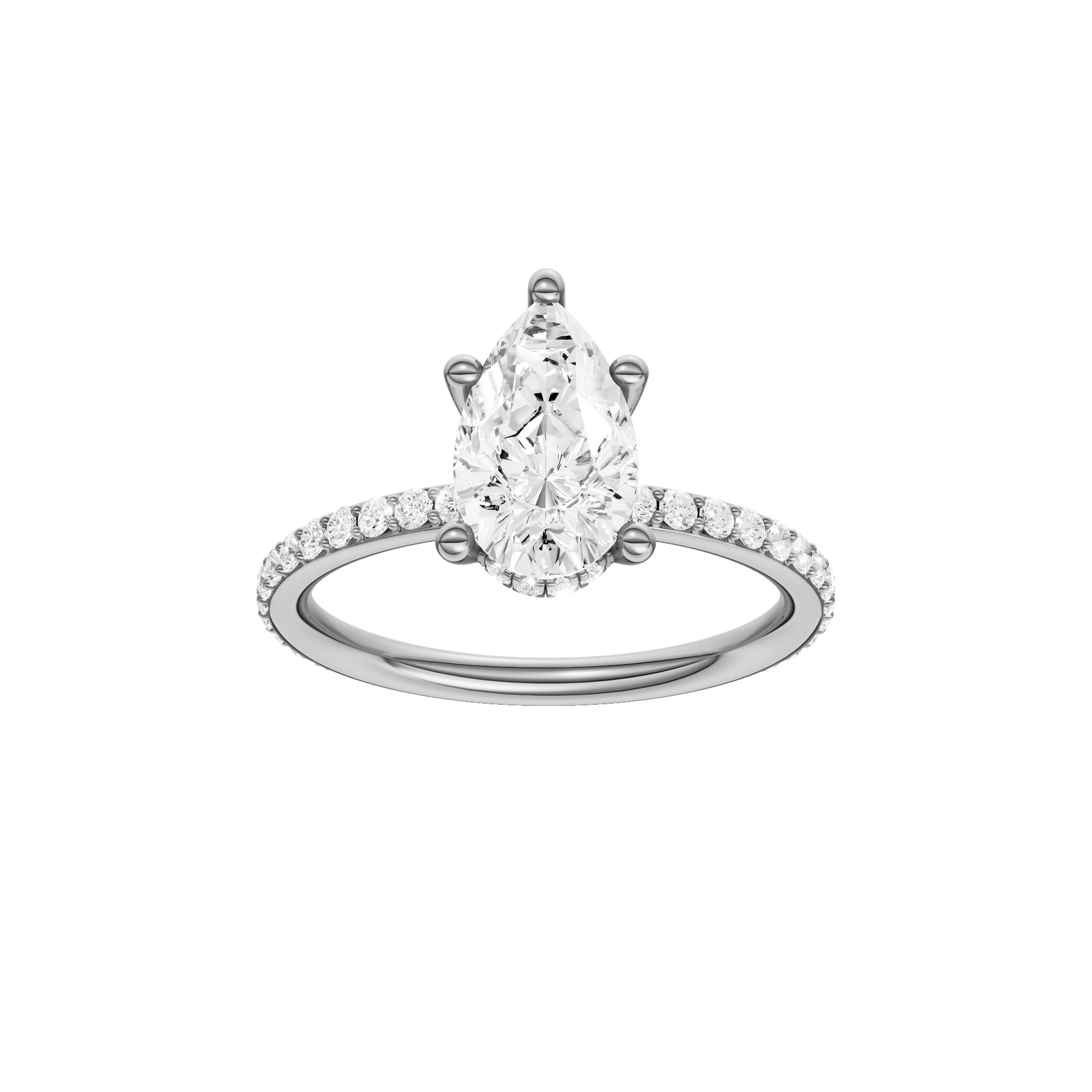 Pear-cut diamond engagement ring with a prong-set diamond band and hidden-halo setting.