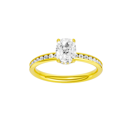 Elongated cushion-cut diamond engagement ring with a channel-set diamond band and hidden-halo setting.