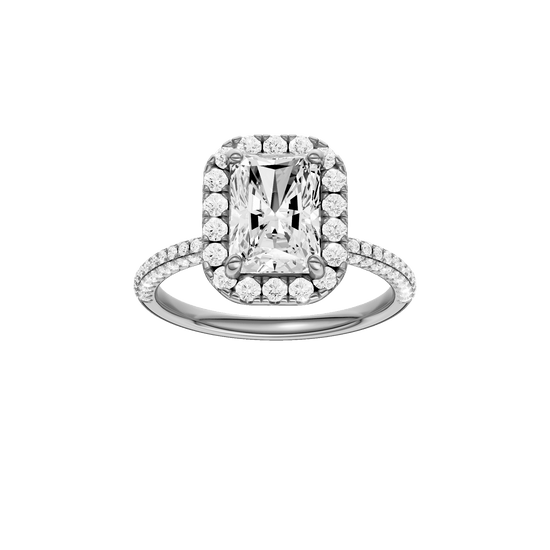 Radiant-cut diamond engagement ring with a pavé-set diamond band and halo setting.