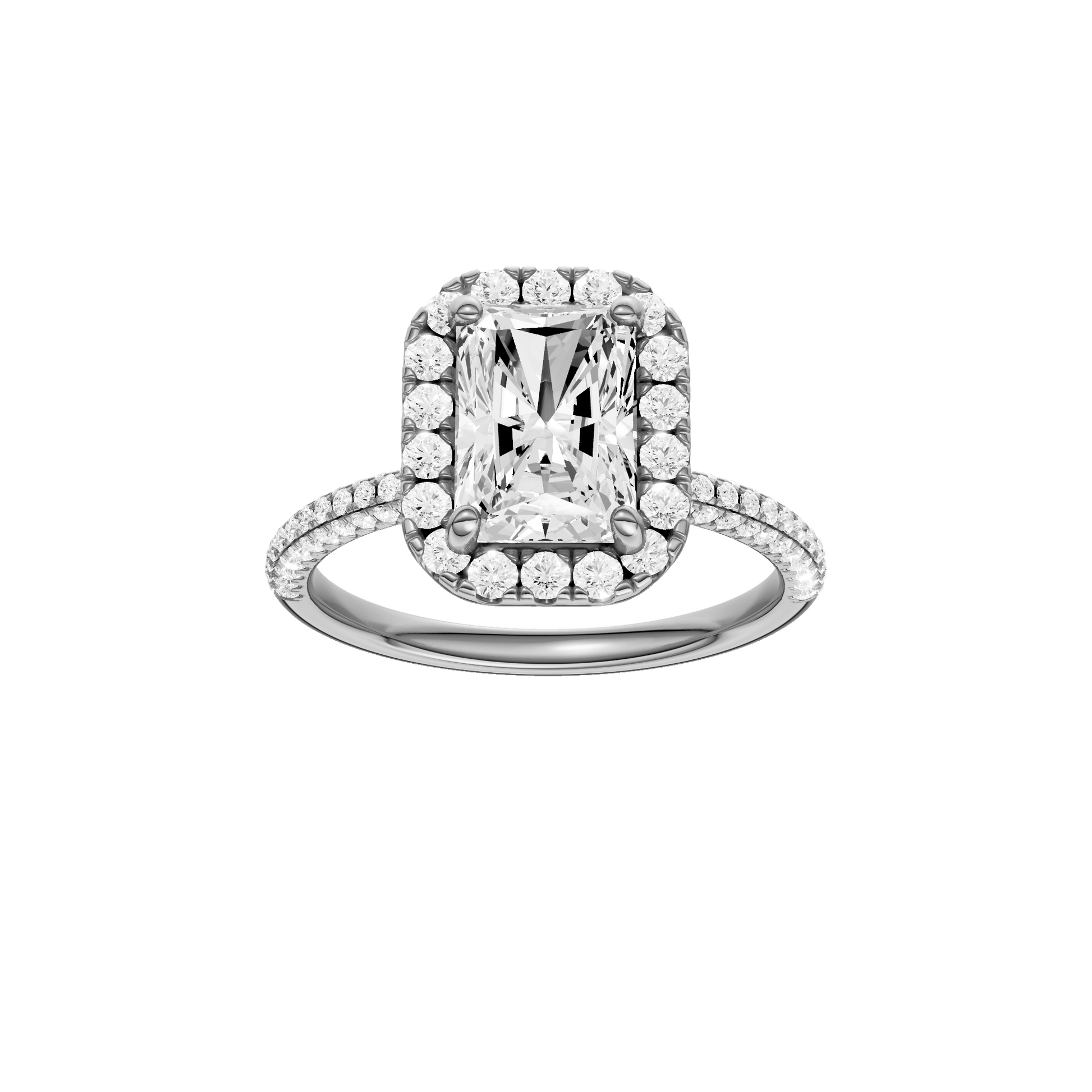 Radiant-cut diamond engagement ring with a pavé-set diamond band and halo setting.