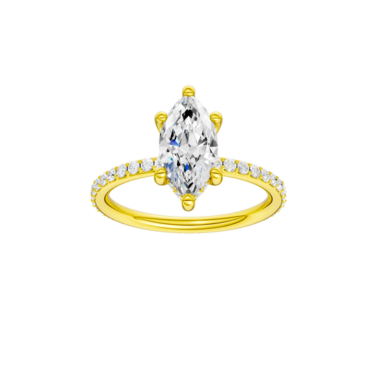 Marquise-cut diamond engagement ring with a prong-set diamond band and hidden-halo setting.