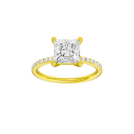 Princess-cut diamond engagement ring with a prong-set diamond band and solitaire setting.