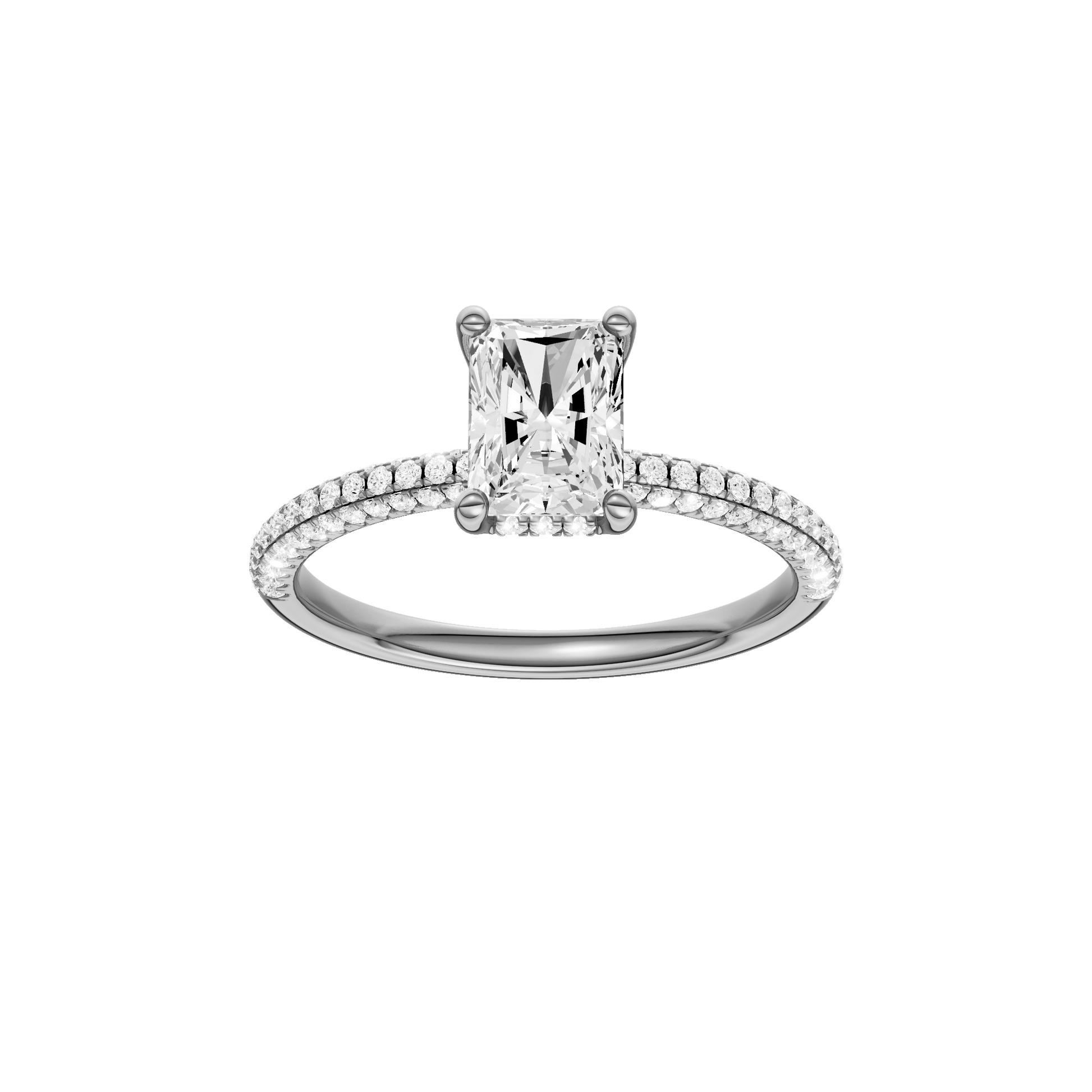 Radiant-cut diamond engagement ring with a pavé-set diamond band and hidden-halo setting.