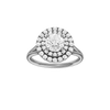 Round-cut diamond engagement ring with a plain band and double-halo setting.