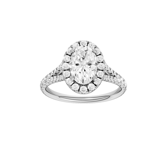 Oval-cut diamond engagement ring with a prong-set diamond band and halo setting.