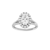 Oval-cut diamond engagement ring with a prong-set diamond band and halo setting.