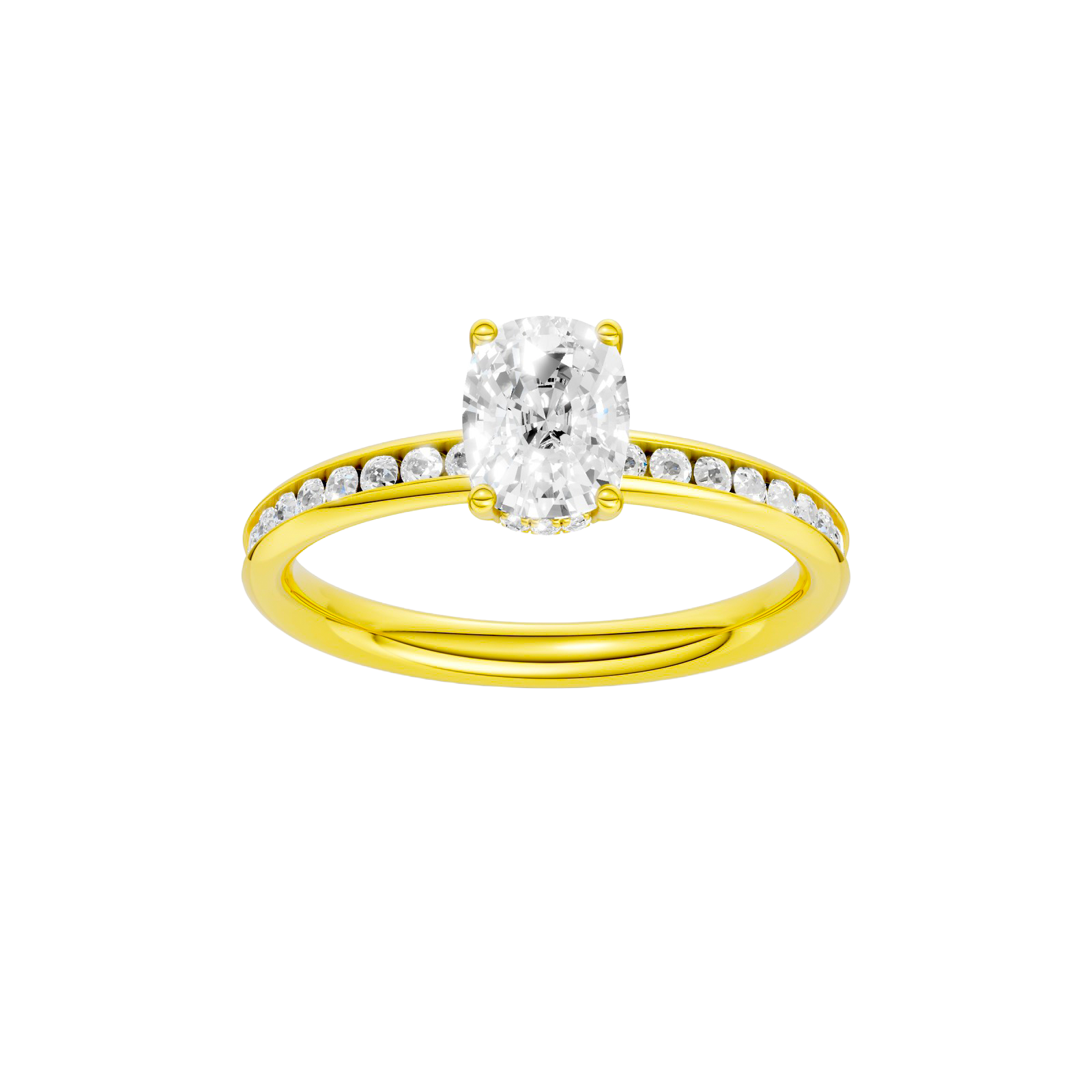 Elongated cushion-cut diamond engagement ring with a channel-set diamond band and hidden-halo setting.