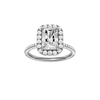 Radiant-cut diamond engagement ring with a pavé-set diamond band and halo setting.