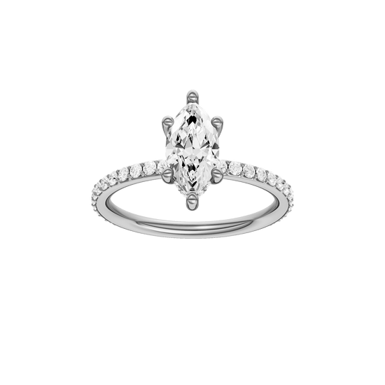 Marquise-cut diamond engagement ring with a prong-set diamond band and hidden-halo setting.