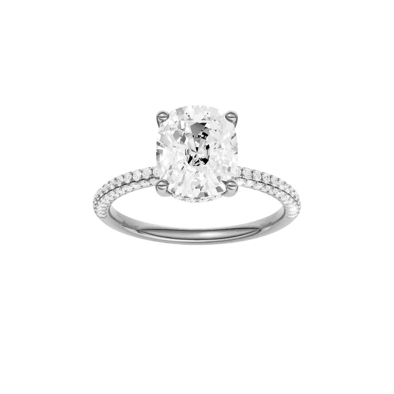 Elongated cushion-cut diamond engagement ring with a pavé-set diamond band and hidden-halo setting.