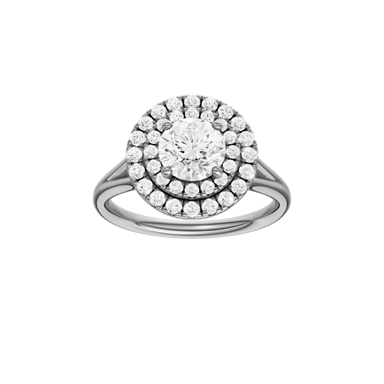 Round-cut diamond engagement ring with a plain band and double-halo setting.