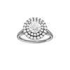Round-cut diamond engagement ring with a plain band and double-halo setting.