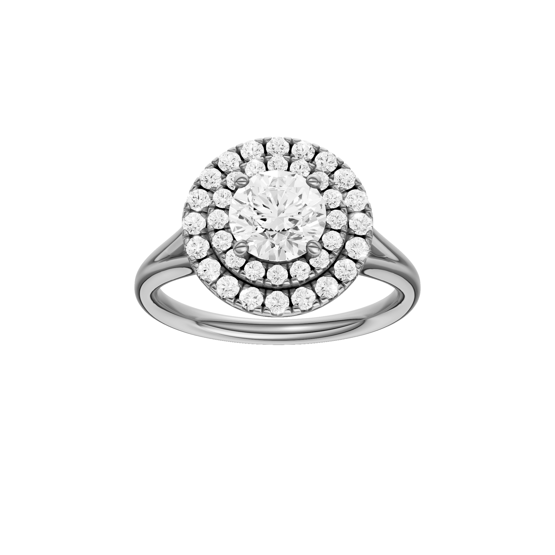 Round-cut diamond engagement ring with a plain band and double-halo setting.