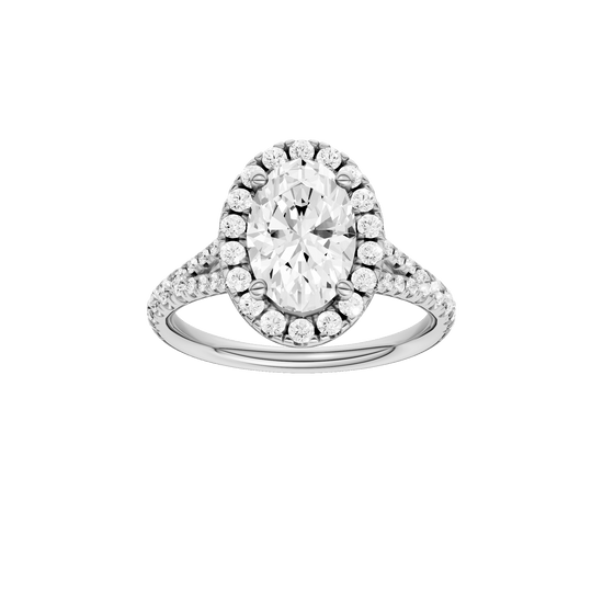 Oval-cut diamond engagement ring with a prong-set diamond band and halo setting.