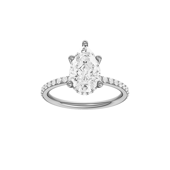 Pear-cut diamond engagement ring with a prong-set diamond band and hidden-halo setting.