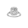 Radiant-cut diamond engagement ring with a prong-set diamond band and halo setting.