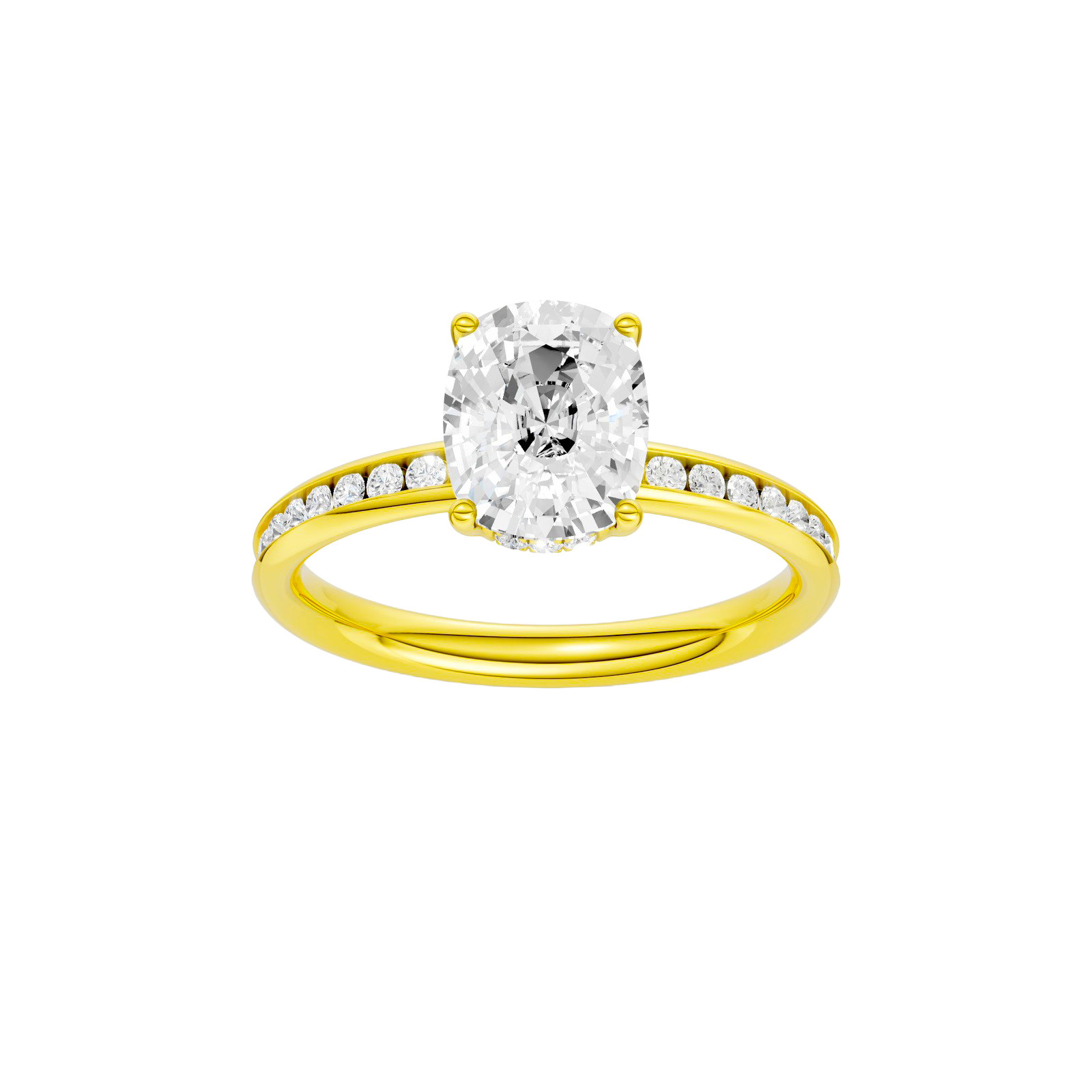 Elongated cushion-cut diamond engagement ring with a channel-set diamond band and hidden-halo setting.
