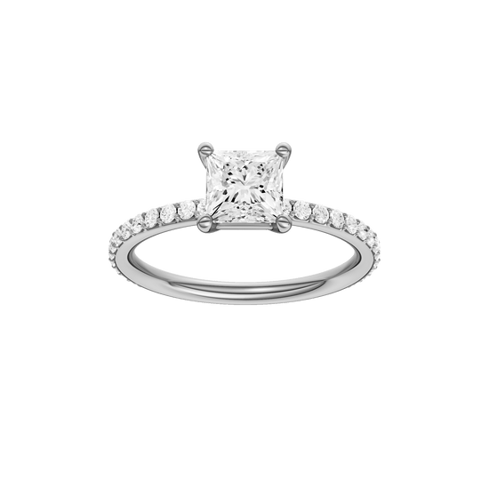 Princess-cut diamond engagement ring with a prong-set diamond band and solitaire setting.