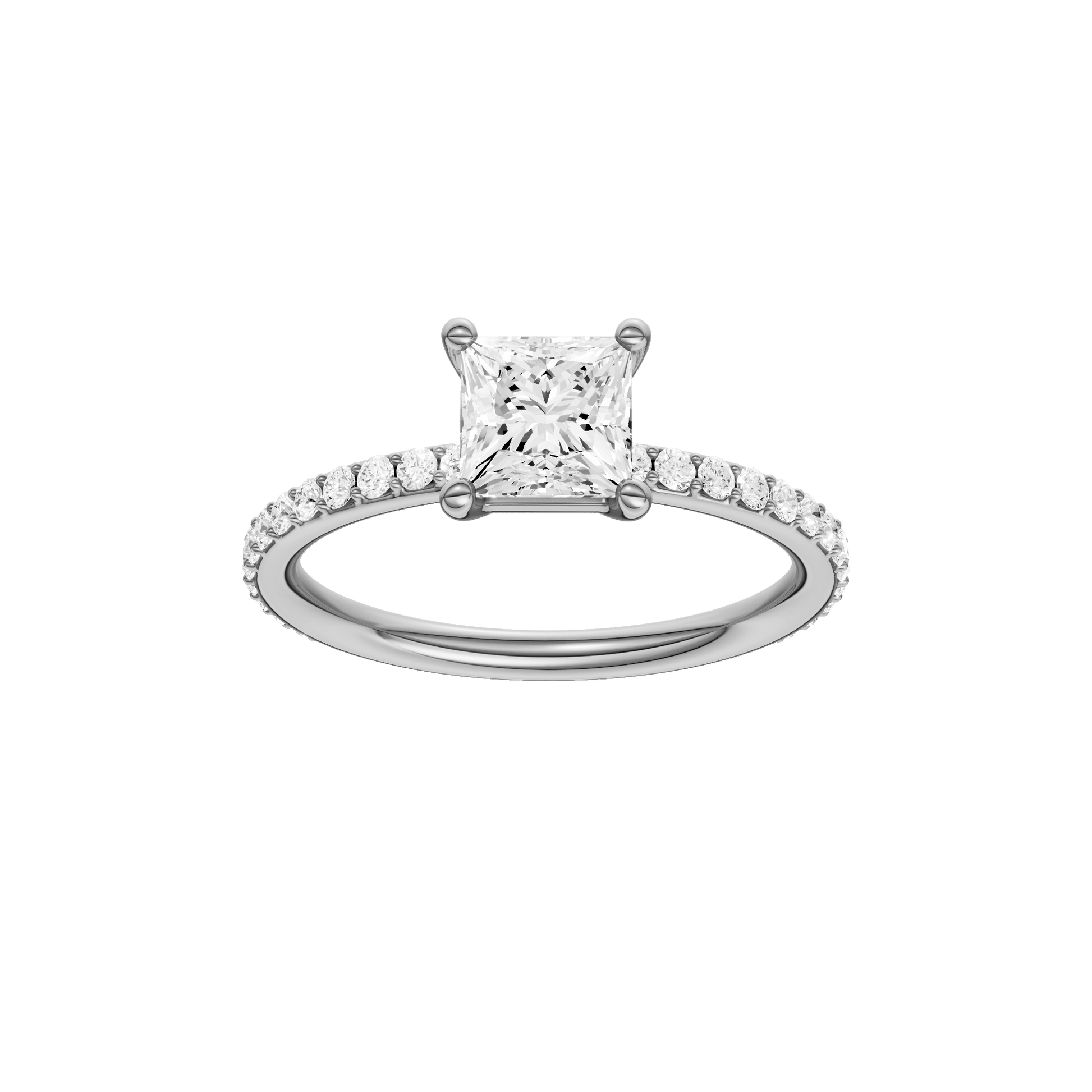 Princess-cut diamond engagement ring with a prong-set diamond band and solitaire setting.