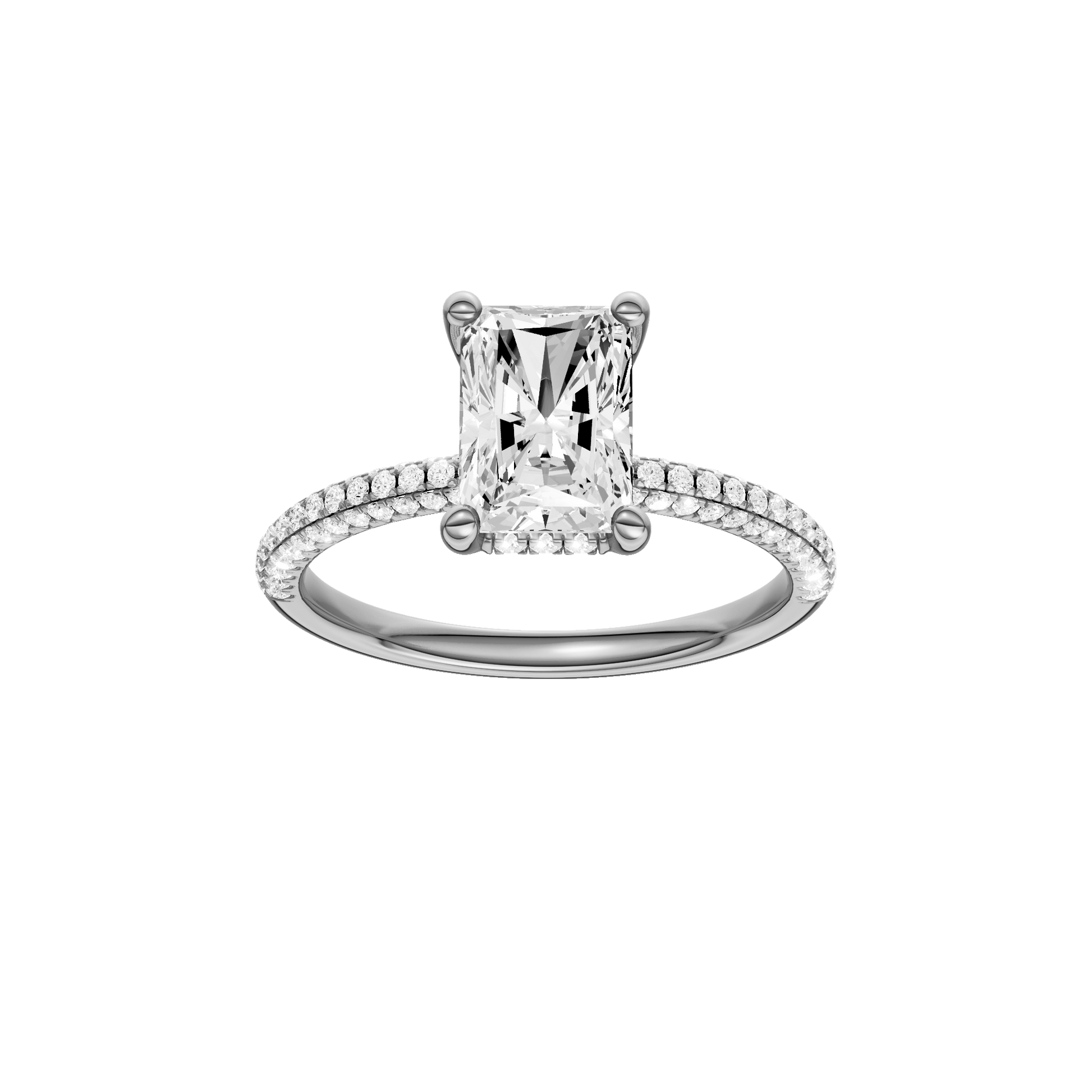 Radiant-cut diamond engagement ring with a pavé-set diamond band and hidden-halo setting.