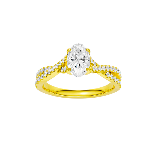 Oval-cut diamond engagement ring in 14k yellow gold with a prong-set diamond band and twist setting