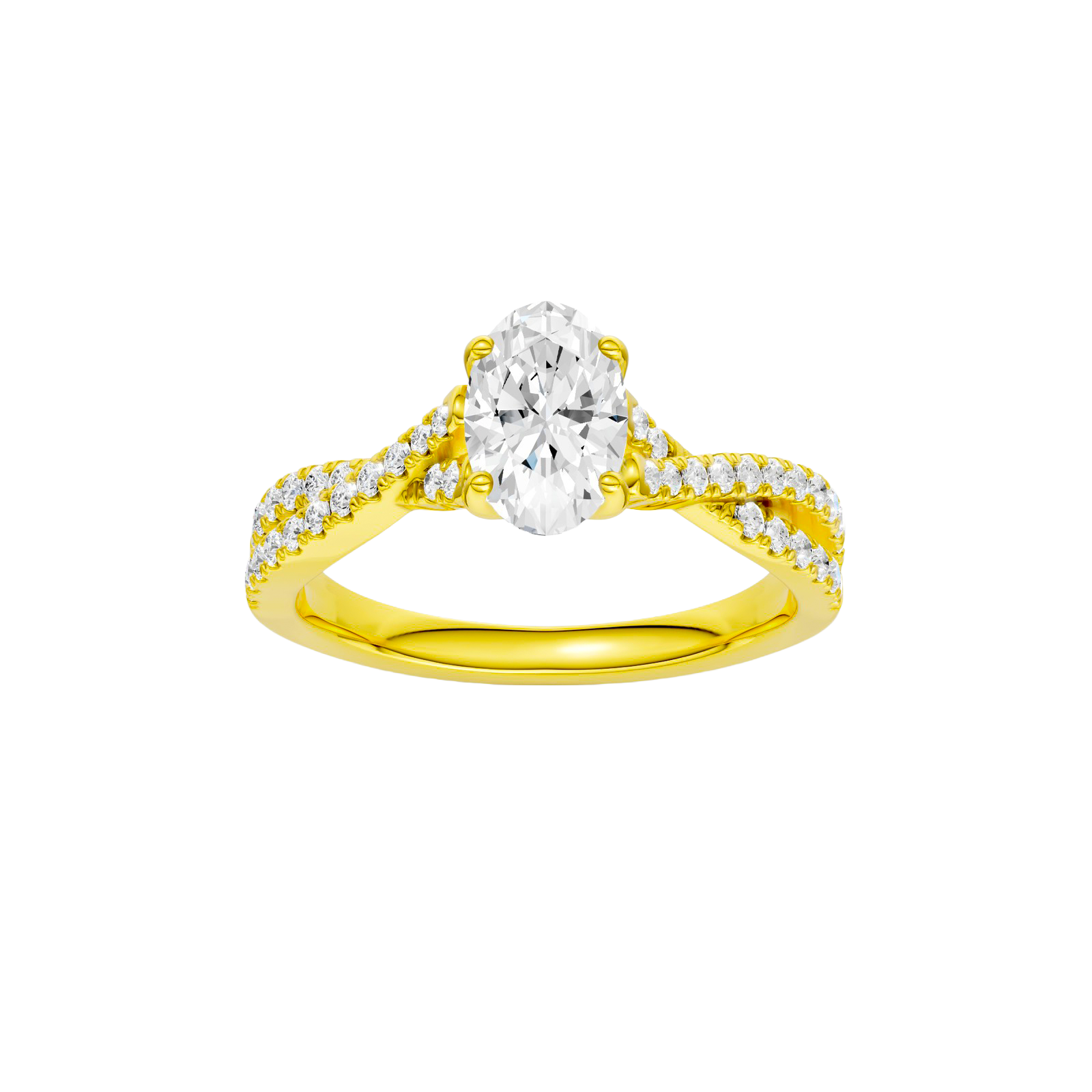 Oval-cut diamond engagement ring in 14k yellow gold with a prong-set diamond band and twist setting
