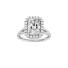 Radiant-cut diamond engagement ring with a prong-set diamond band and halo setting.