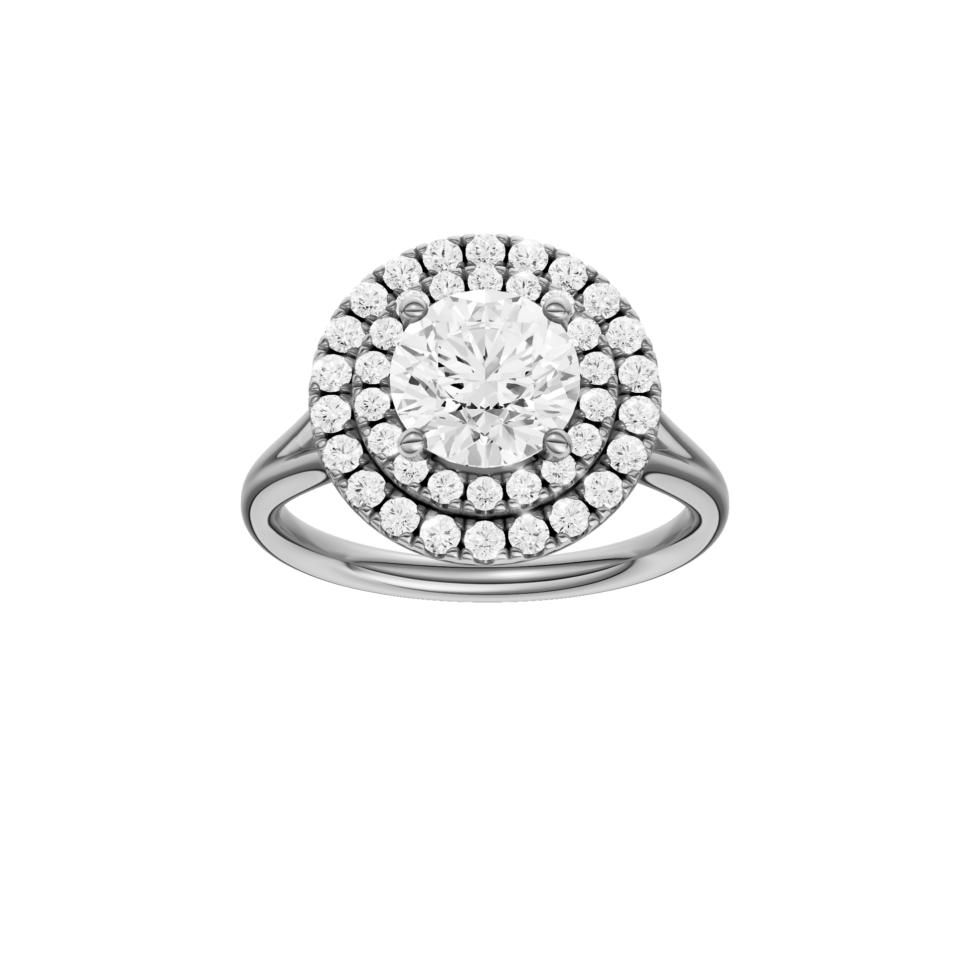 Round-cut diamond engagement ring with a plain band and double-halo setting.