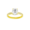 Elongated cushion-cut diamond engagement ring with a channel-set diamond band and hidden-halo setting.