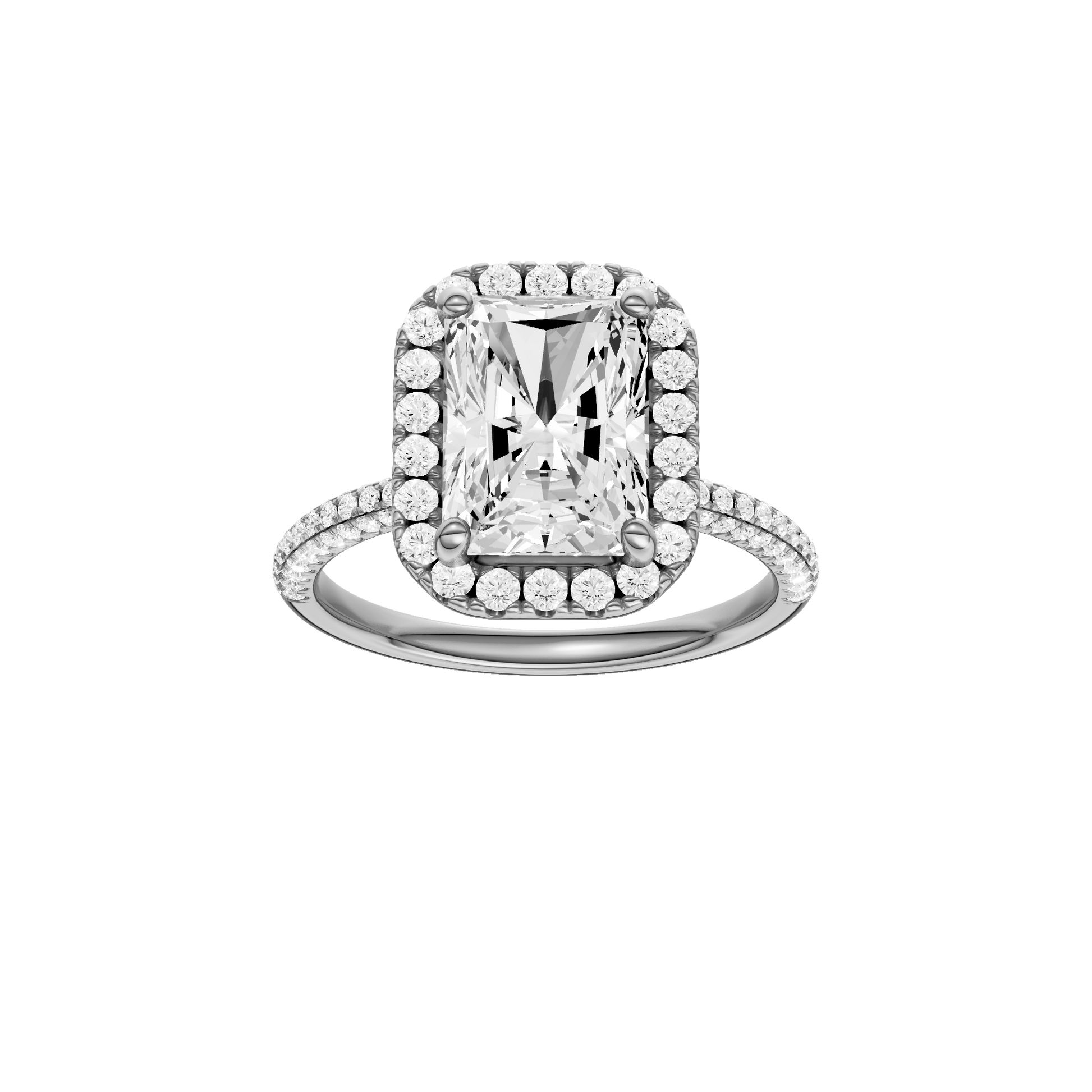 Radiant-cut diamond engagement ring with a pavé-set diamond band and halo setting.