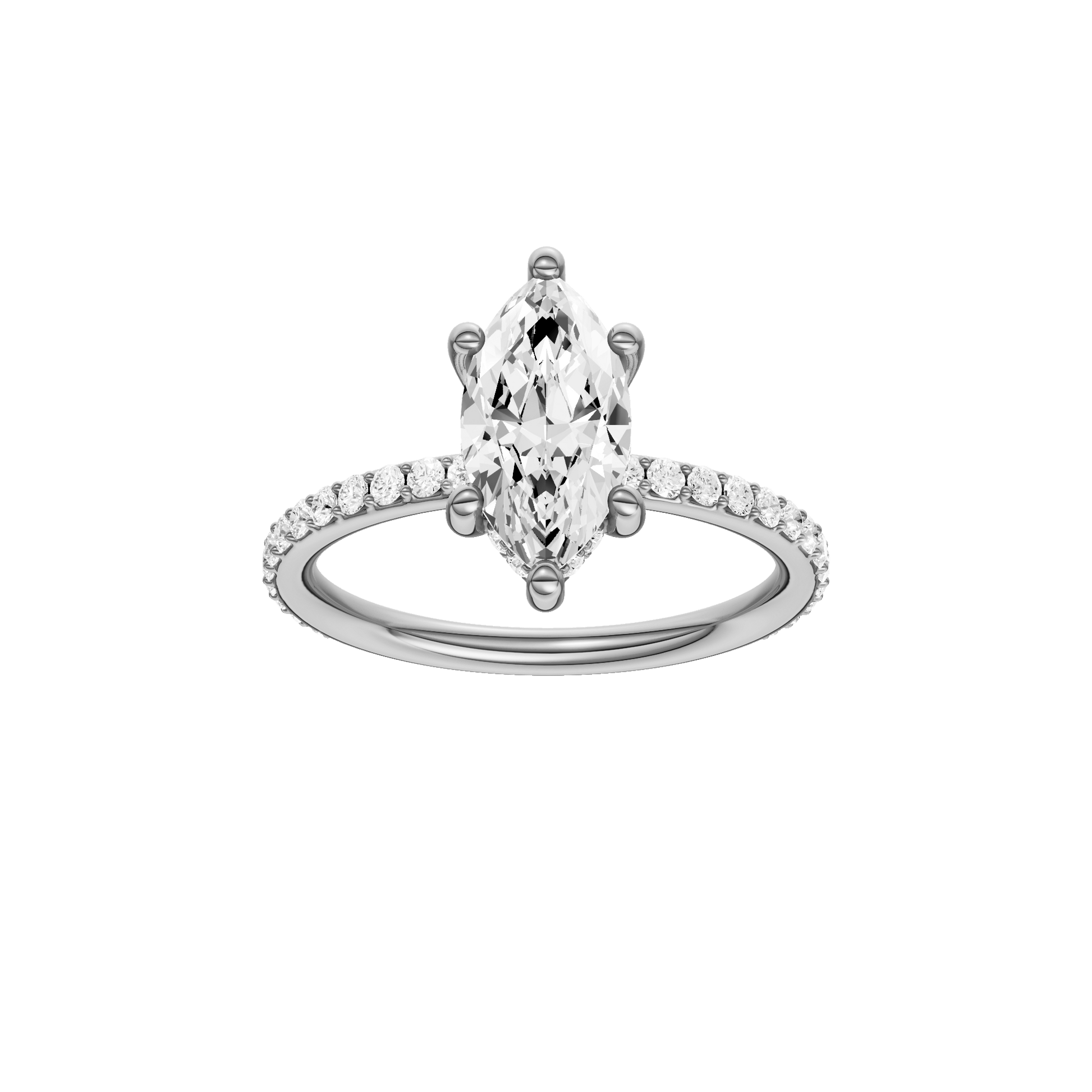 Marquise-cut diamond engagement ring with a prong-set diamond band and hidden-halo setting.