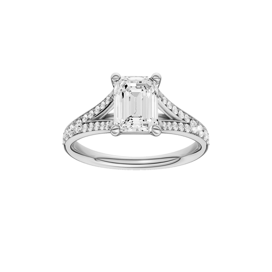 Emerald-cut diamond engagement ring with a channel-set diamond band and solitaire setting.