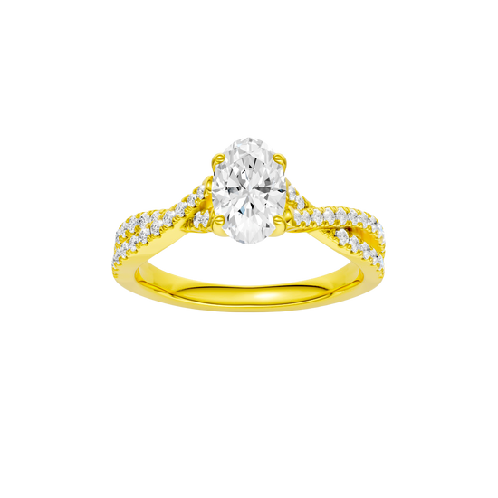 Oval-cut diamond engagement ring in 14k yellow gold with a prong-set diamond band and twist setting