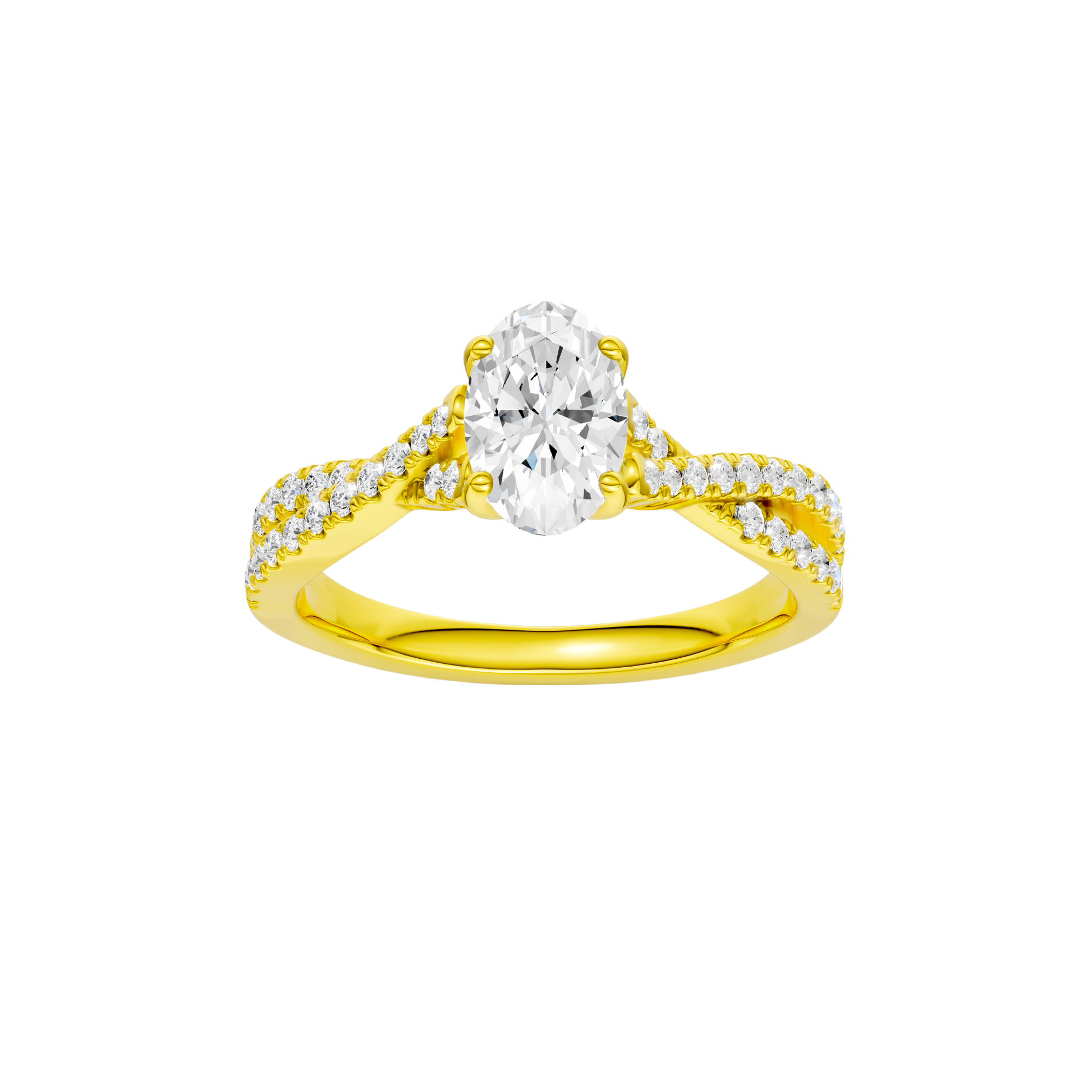 Oval-cut diamond engagement ring in 14k yellow gold with a prong-set diamond band and twist setting