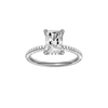 Radiant-cut diamond engagement ring with a pavé-set diamond band and hidden-halo setting.