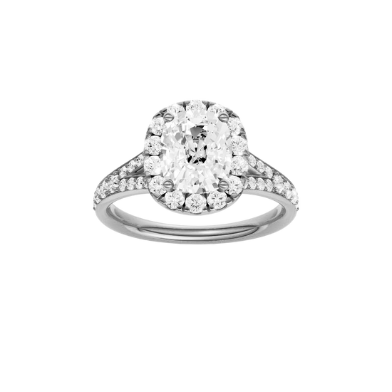 Elongated cushion-cut diamond engagement ring with a channel-set diamond band and halo setting.