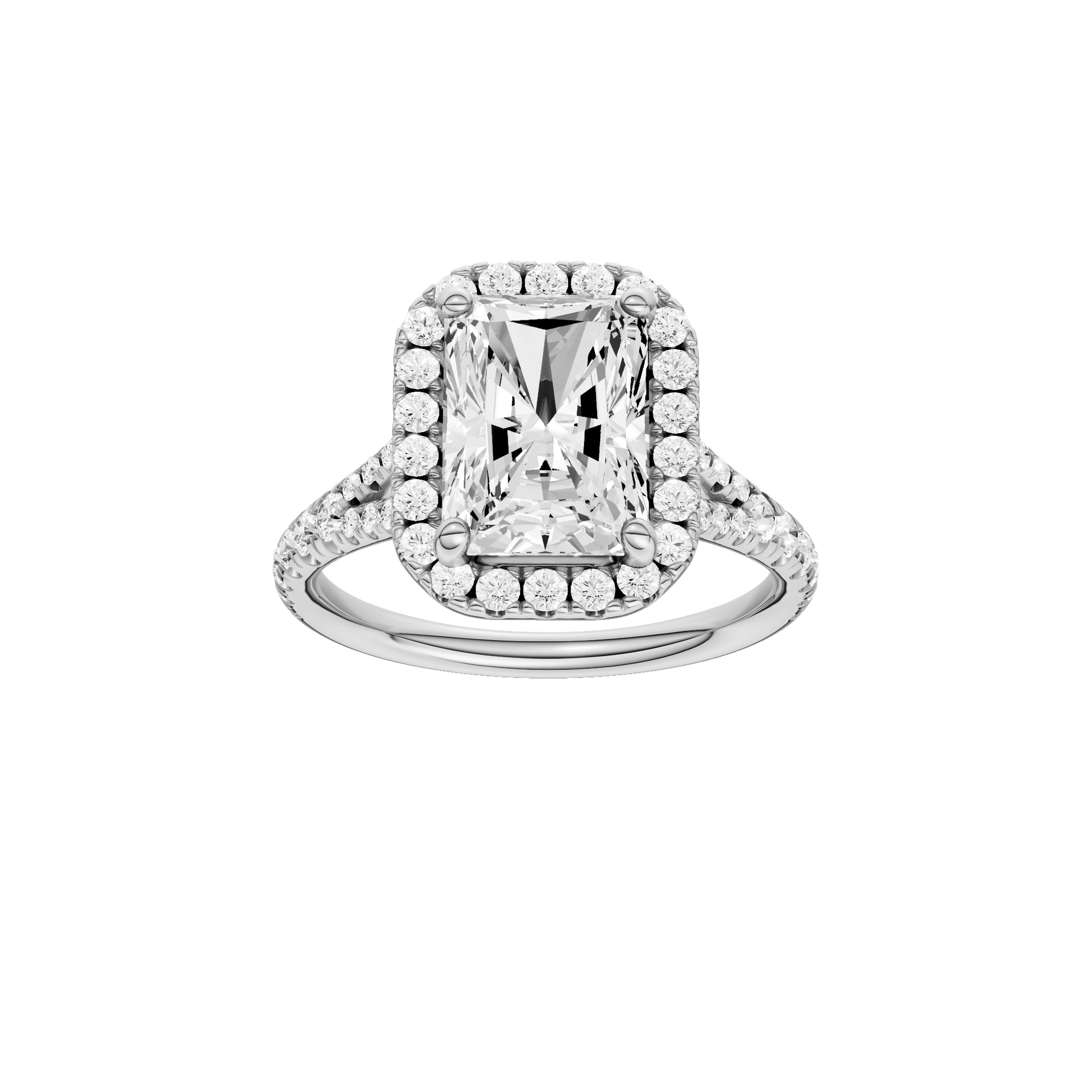 Radiant-cut diamond engagement ring with a prong-set diamond band and halo setting.