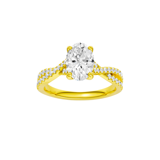Oval-cut diamond engagement ring in 14k yellow gold with a prong-set diamond band and twist setting