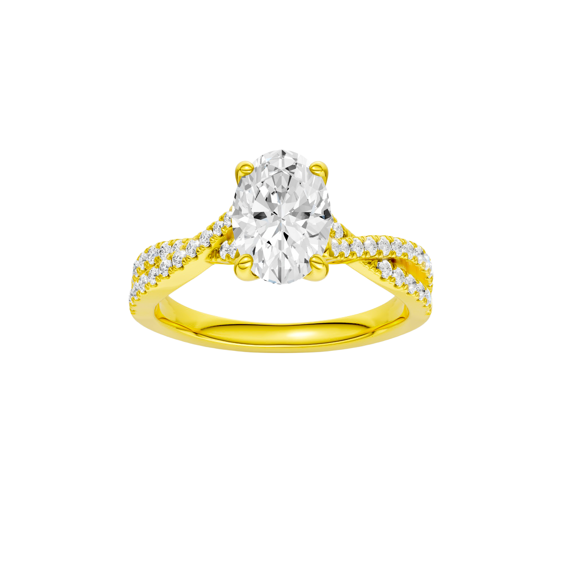 Oval-cut diamond engagement ring in 14k yellow gold with a prong-set diamond band and twist setting
