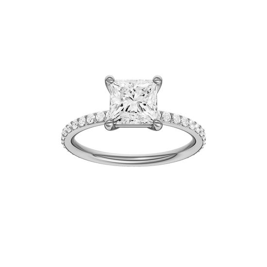 Princess-cut diamond engagement ring with a prong-set diamond band and solitaire setting.