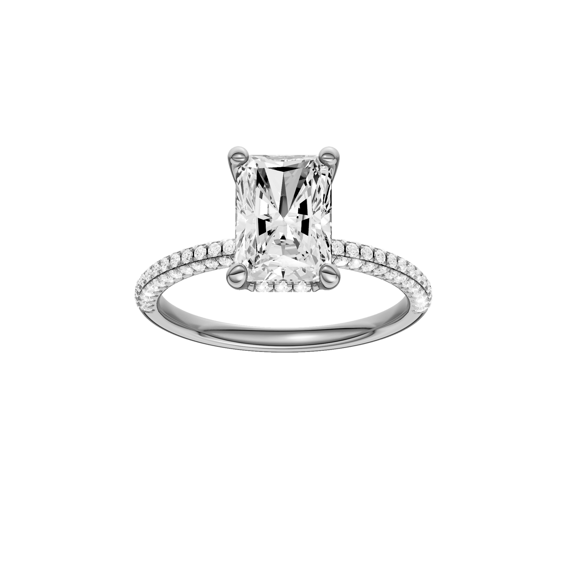 Radiant-cut diamond engagement ring with a pavé-set diamond band and hidden-halo setting.