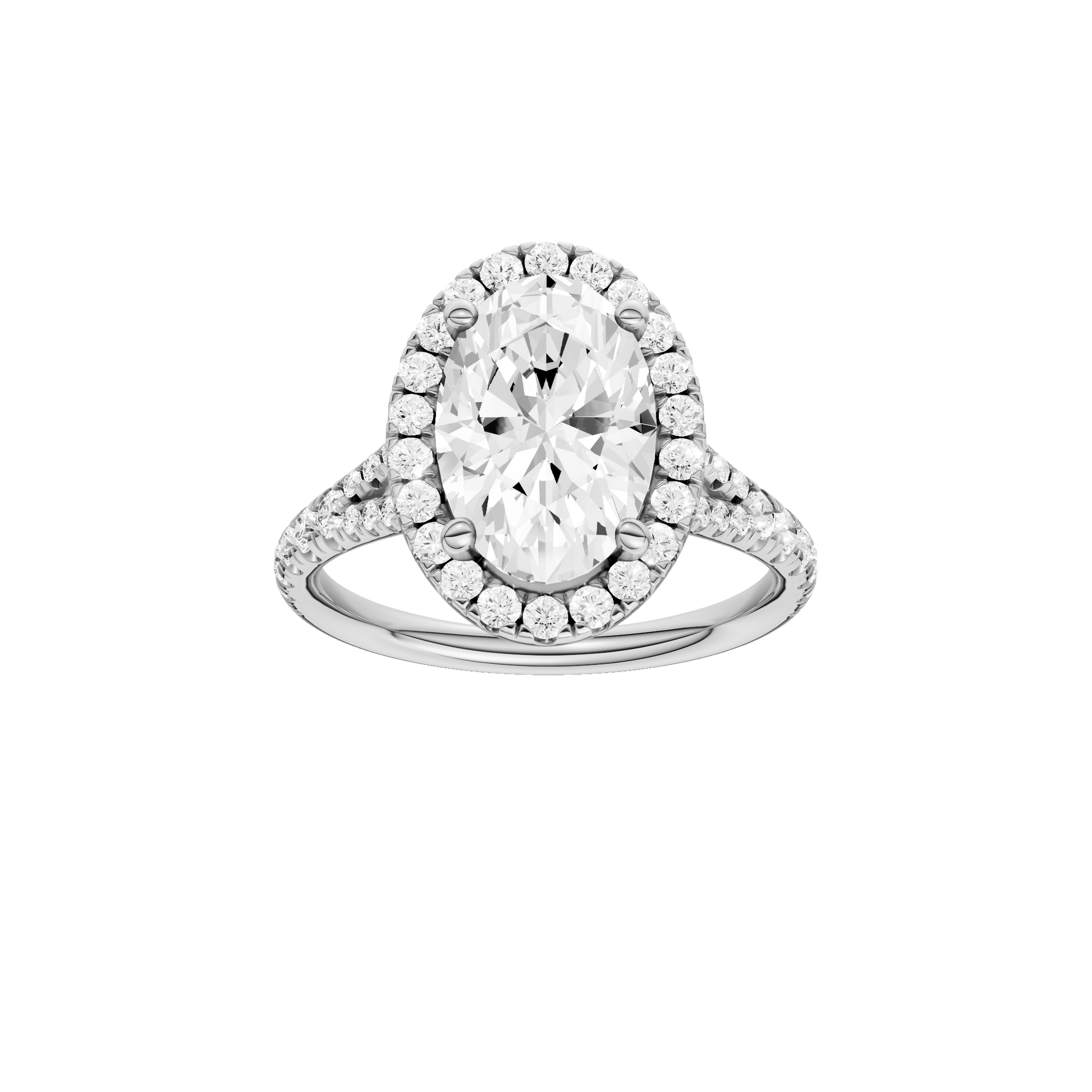 Oval-cut diamond engagement ring with a prong-set diamond band and halo setting.