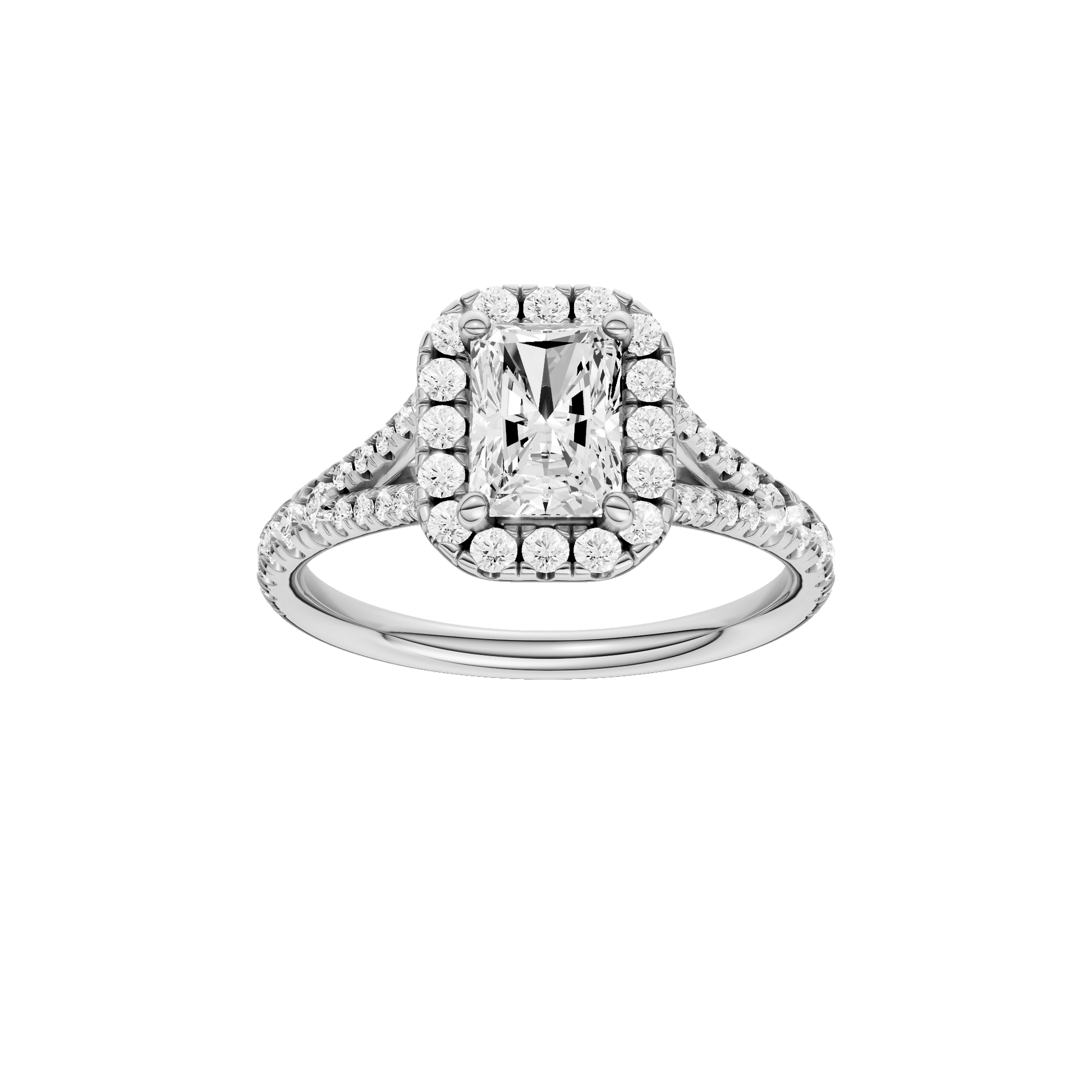 Radiant-cut diamond engagement ring with a prong-set diamond band and halo setting.