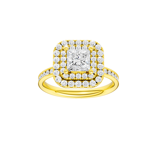 Princess-cut diamond engagement ring with a channel-set diamond band and double-halo setting.