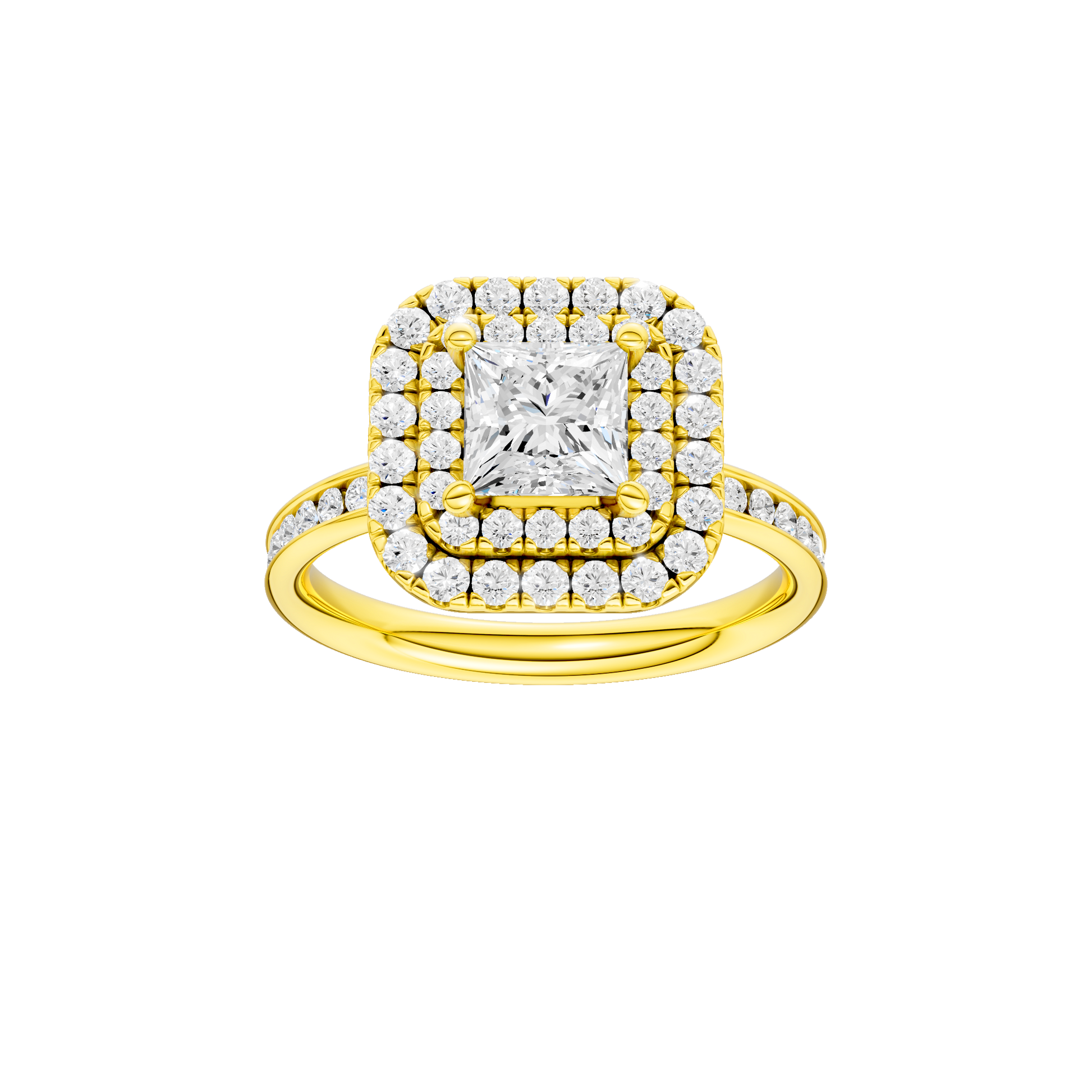 Princess-cut diamond engagement ring with a channel-set diamond band and double-halo setting.